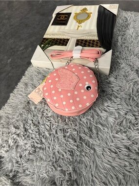 NWT Miss Gwen’s  OMG Accessories Pink Polka Dot Fish Crossbody Bag Purse Zipper